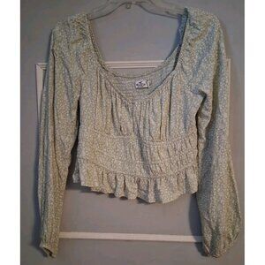 Hollister Sage Green Floral Smocked Long Sleeve Crop Top Women L